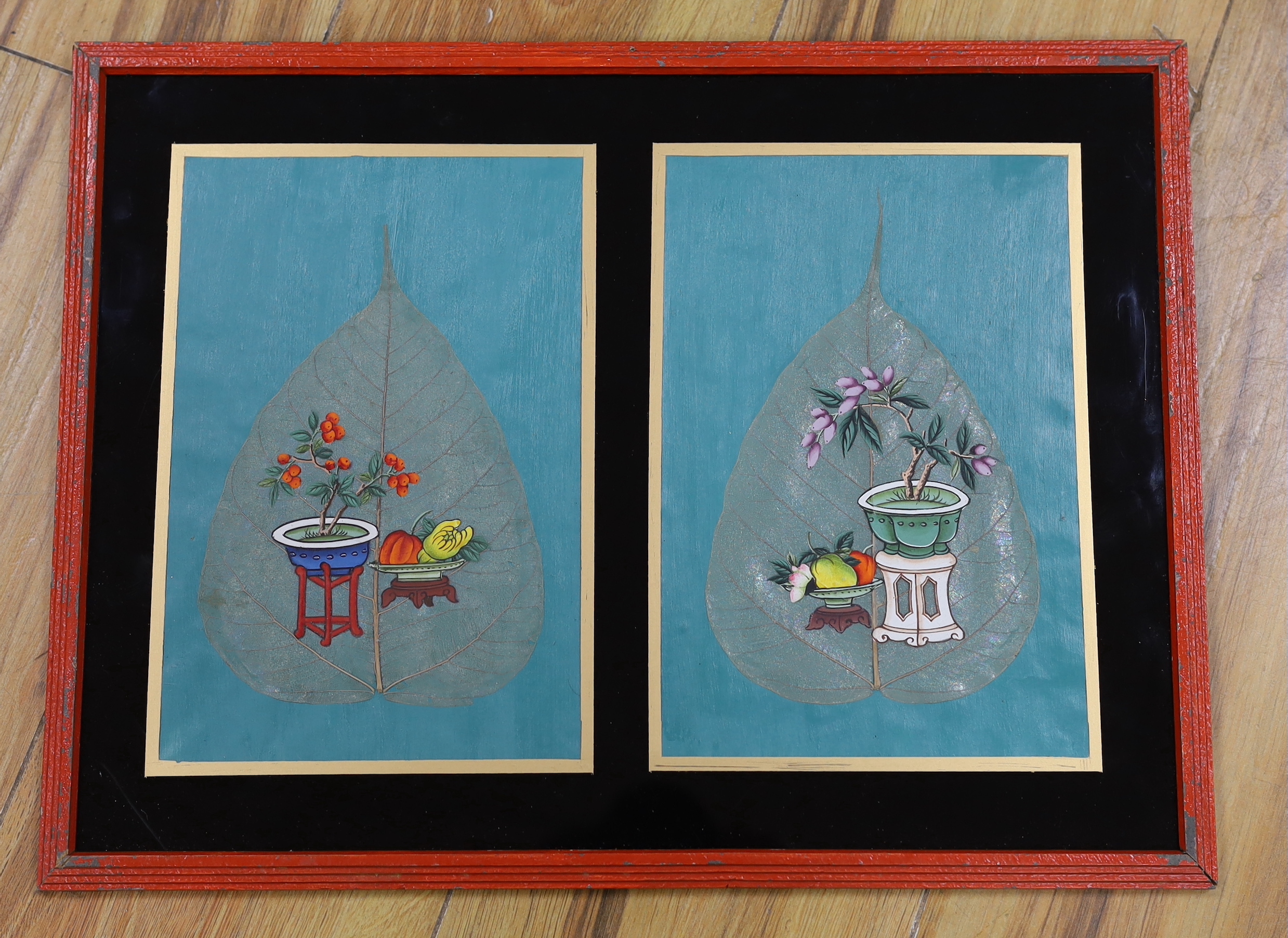 Chinese School, two gouaches on mulberry leaves, Still life of fruit and flowers, mounted and framed as one, each 22 x 14cm together with Chinese School, gouache on pith paper, Musicians playing instruments, 19 x 30cm